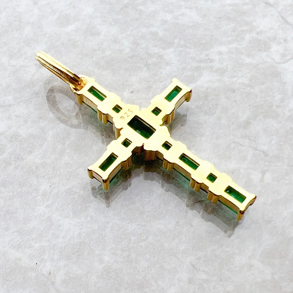 18K Gold Plated Cross Pendant with Green Stones - 925 Sterling Silver - EverlyCrafted