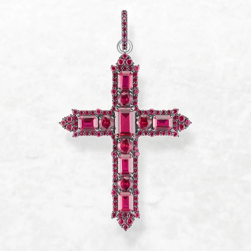 Trendy Rose Color Stone Cross Pendant in 925 Sterling Silver