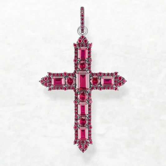 Trendy Rose Color Stone Cross Pendant in 925 Sterling Silver