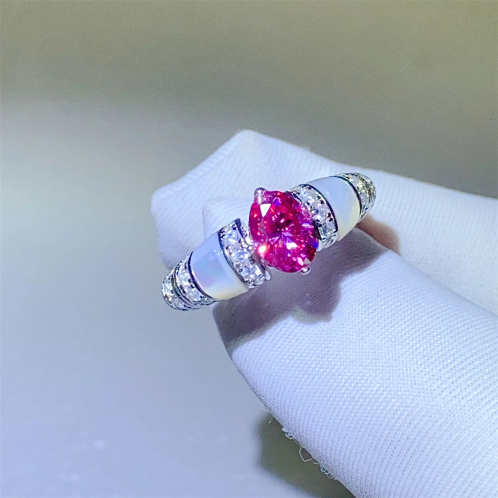 1CT Oval Moissanite Ring - Sparkling Pink Blue Diamond S925 Silver Wedding Band - EverlyCrafted