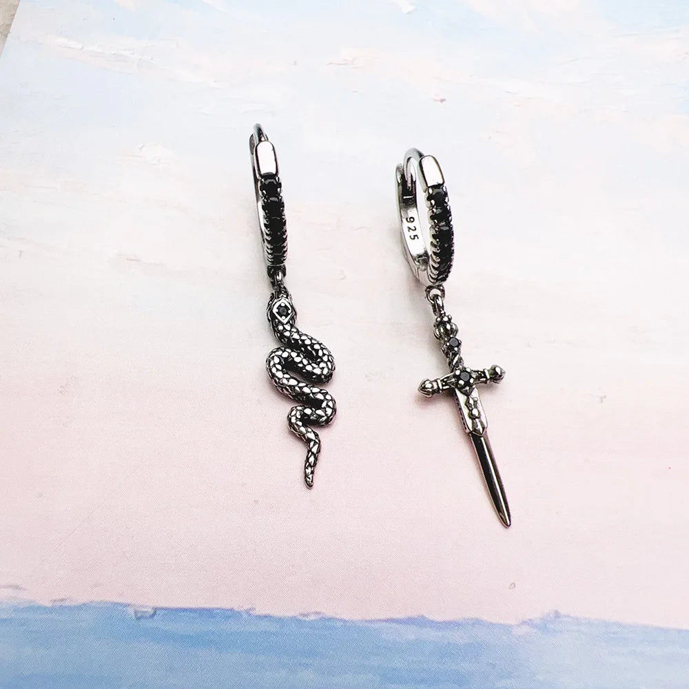 Blackened Snake and Sword Hoop Earrings in 925 Sterling Silver - EverlyCrafted