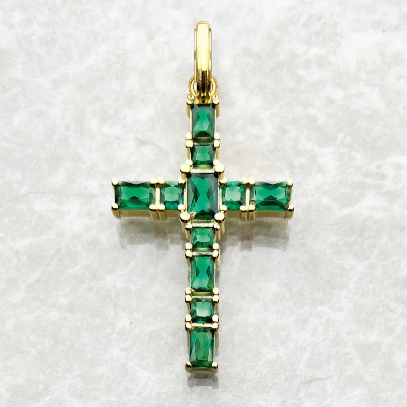 Gold Plated Cross Pendant with Green Stones - 925 Sterling Silver