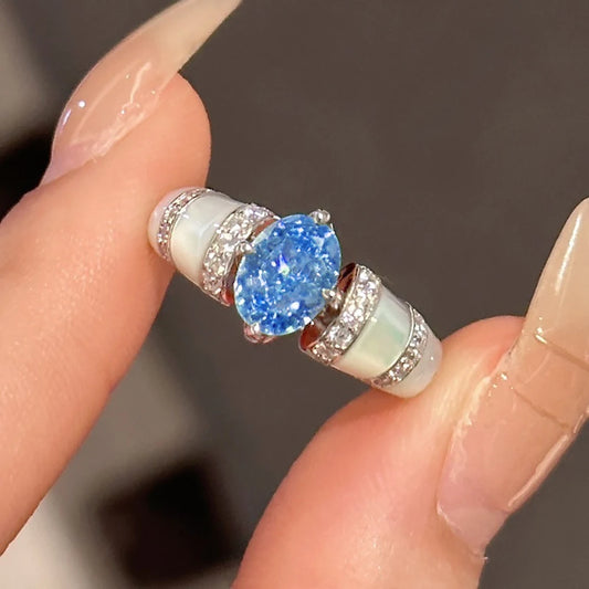 1CT Oval Moissanite Ring - Sparkling Pink Blue Diamond S925 Silver Wedding Band