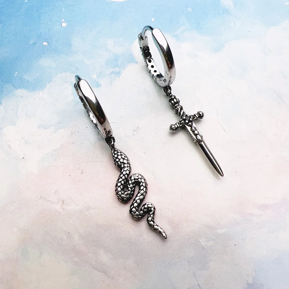 Blackened Snake and Sword Hoop Earrings in 925 Sterling Silver - EverlyCrafted