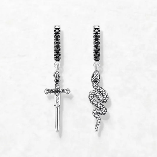 Blackened Snake and Sword Hoop Earrings in 925 Sterling Silver