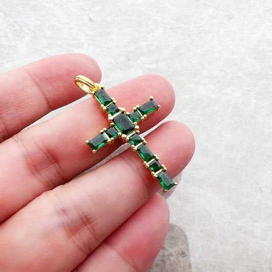 18K Gold Plated Cross Pendant with Green Stones - 925 Sterling Silver - EverlyCrafted