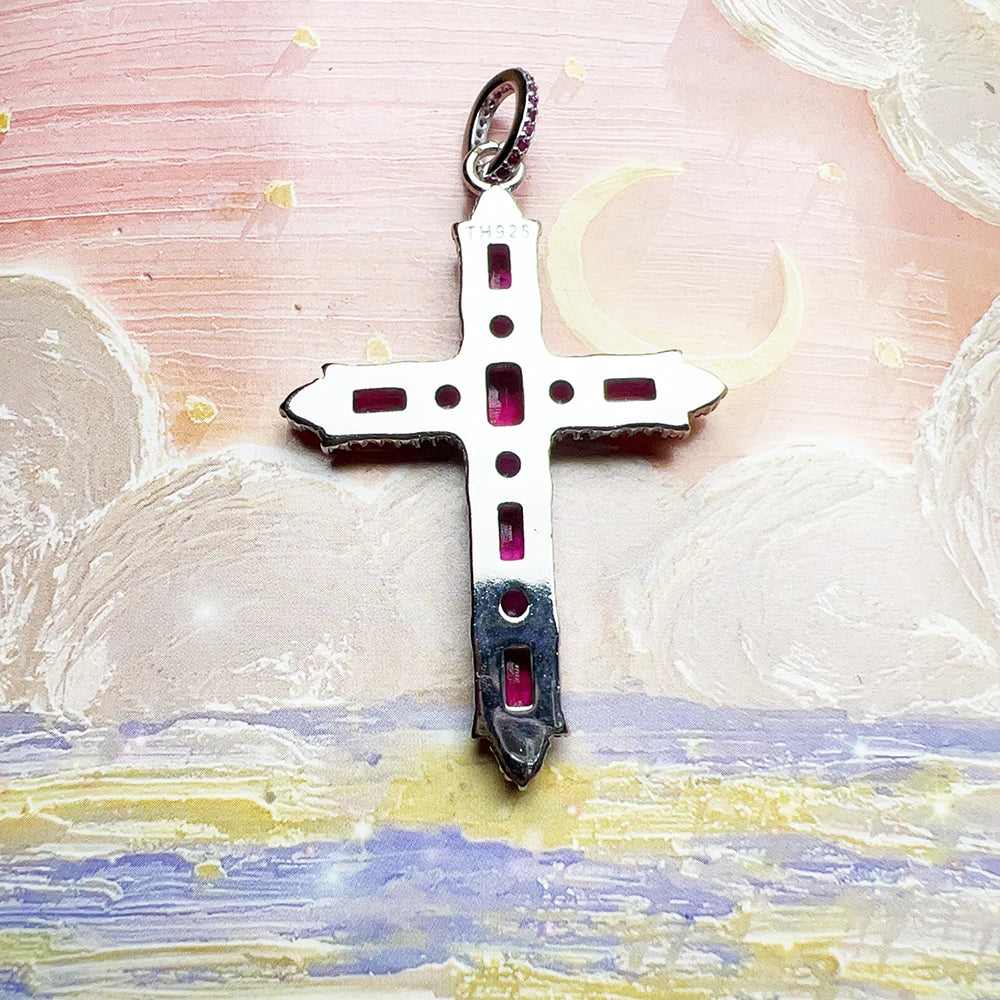 925 Sterling Silver Rose Pink Zircon Cross Pendant Charm Women - EverlyCrafted