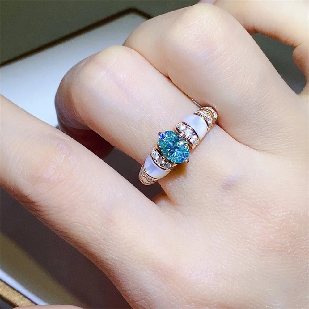 1CT Oval Moissanite Ring - Sparkling Pink Blue Diamond S925 Silver Wedding Band - EverlyCrafted