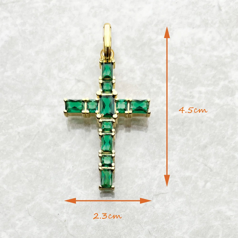 18K Gold Plated Cross Pendant with Green Stones - 925 Sterling Silver - EverlyCrafted