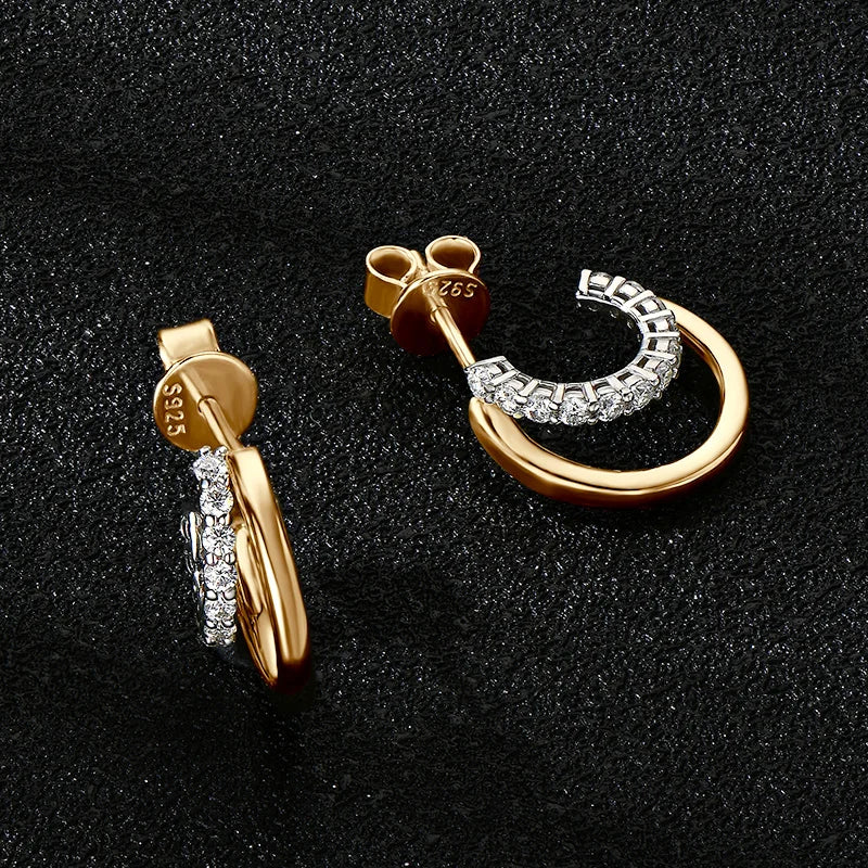 Moissanite Diamond Open Hoop Earrings in 925 Sterling Silver 14K Gold Plated - EverlyCrafted