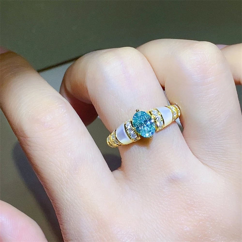 1CT Oval Moissanite Ring - Sparkling Pink Blue Diamond S925 Silver Wedding Band - EverlyCrafted
