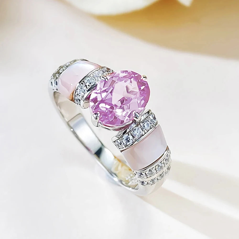 1CT Oval Moissanite Ring - Sparkling Pink Blue Diamond S925 Silver Wedding Band - EverlyCrafted
