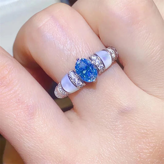 1CT Oval Moissanite Ring - Sparkling Pink Blue Diamond S925 Silver Wedding Band - EverlyCrafted