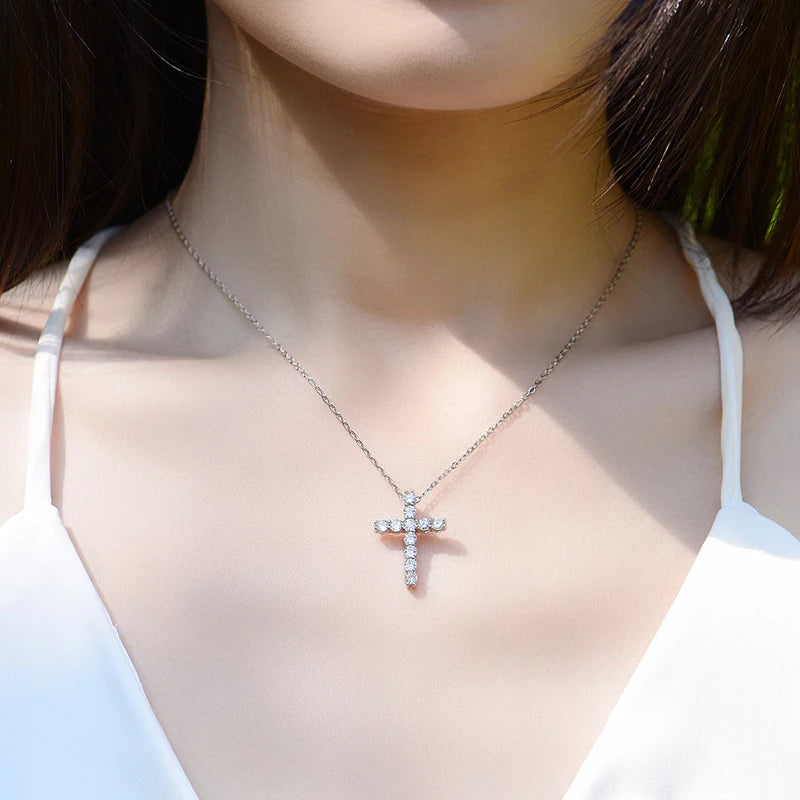 Moissanite Cross Pendant Necklace in 925 Sterling Silver 18K Gold Plated - EverlyCrafted
