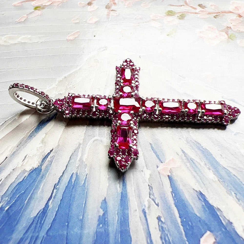 925 Sterling Silver Rose Pink Zircon Cross Pendant Charm Women - EverlyCrafted