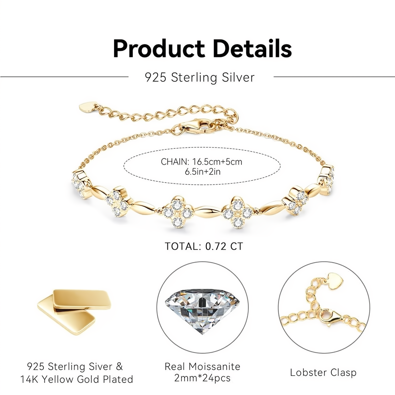 Moissanite Flower Bracelet - 18k Gold Plated 925 Sterling Silver - EverlyCrafted