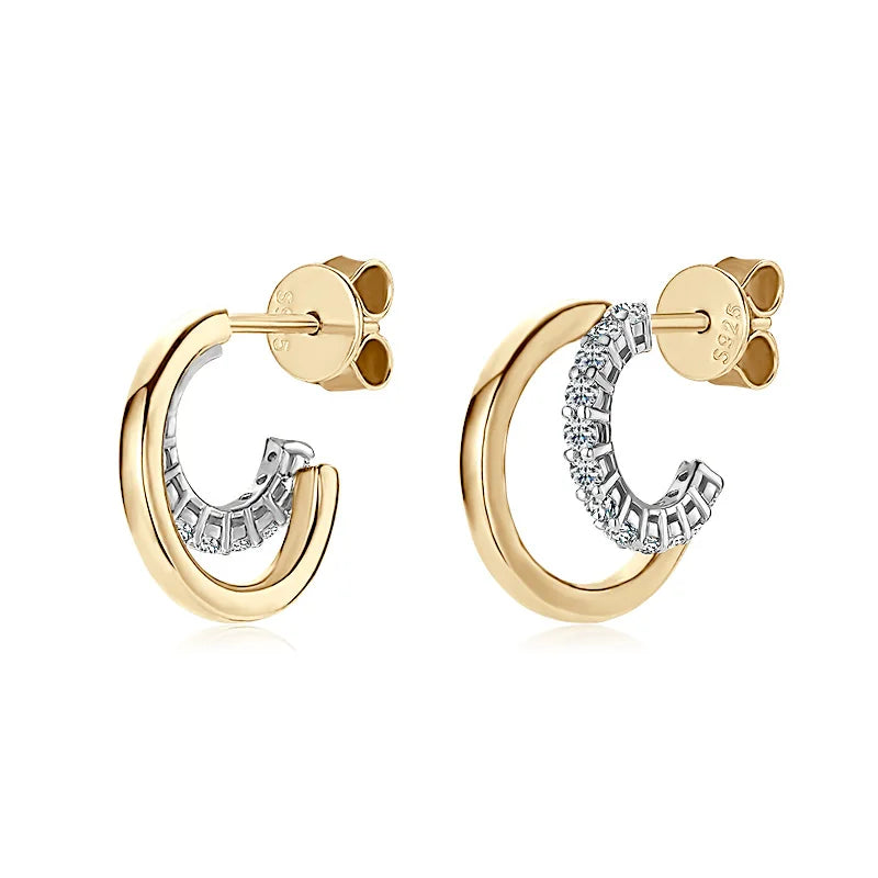 Moissanite Diamond Open Hoop Earrings in 925 Sterling Silver 14K Gold Plated - EverlyCrafted
