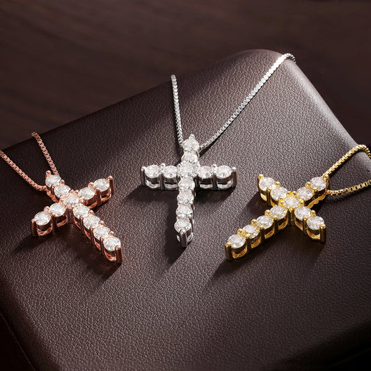 Moissanite Cross Pendant Necklace in 925 Sterling Silver 18K Gold Plated - EverlyCrafted