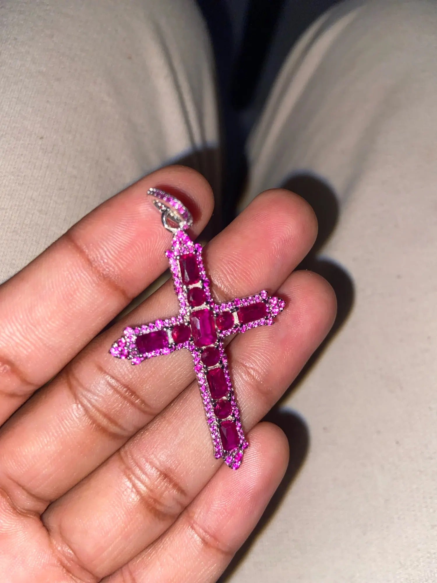 925 Sterling Silver Rose Pink Zircon Cross Pendant Charm Women - EverlyCrafted